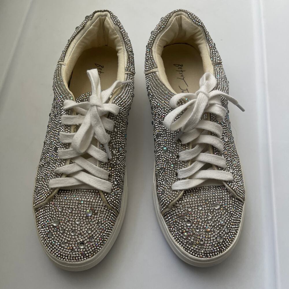 Betsey Johnson Sutton Rhinestone Platform Sneakers Silver Size 6.5M Crystal